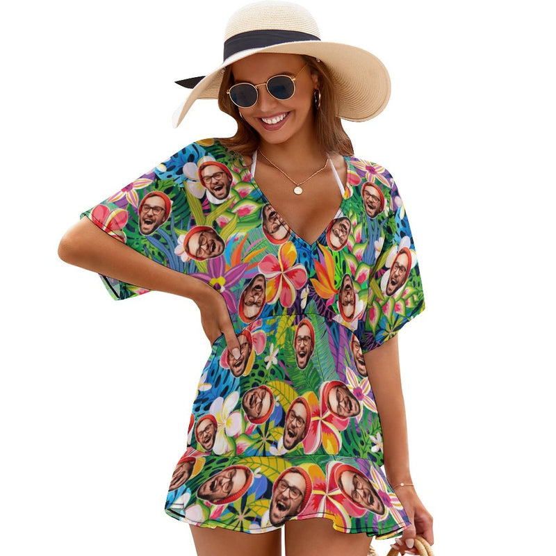 Custom Face Colorful Flower One Piece Cover Up Dress Personalized Women's Short Sleeve Beachwear Cover up