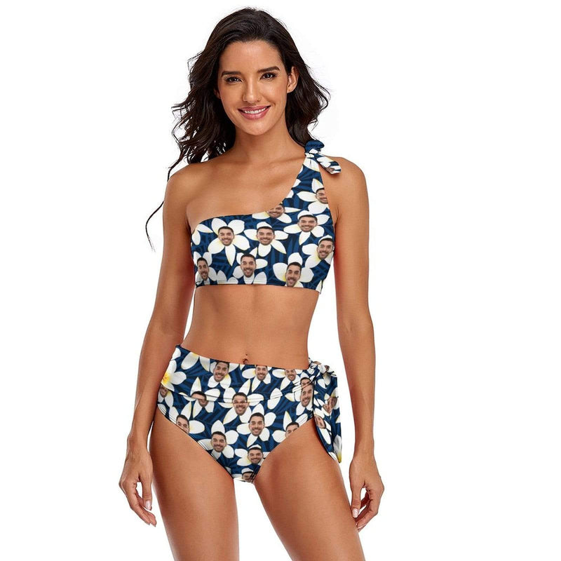 Custom Face Beautiful Flowers One Shoulder Tie Crop Top & High-Waisted Bikini