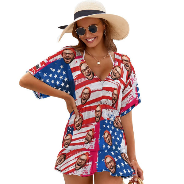 Custom Face Flag One Piece Cover Up Dress Personalized Women's Short Sleeve Beachwear Cover up