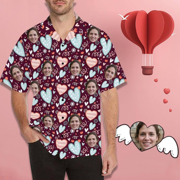 Custom Face Blue&Pink Hearts Men's All Over Print Hawaiian Shirt