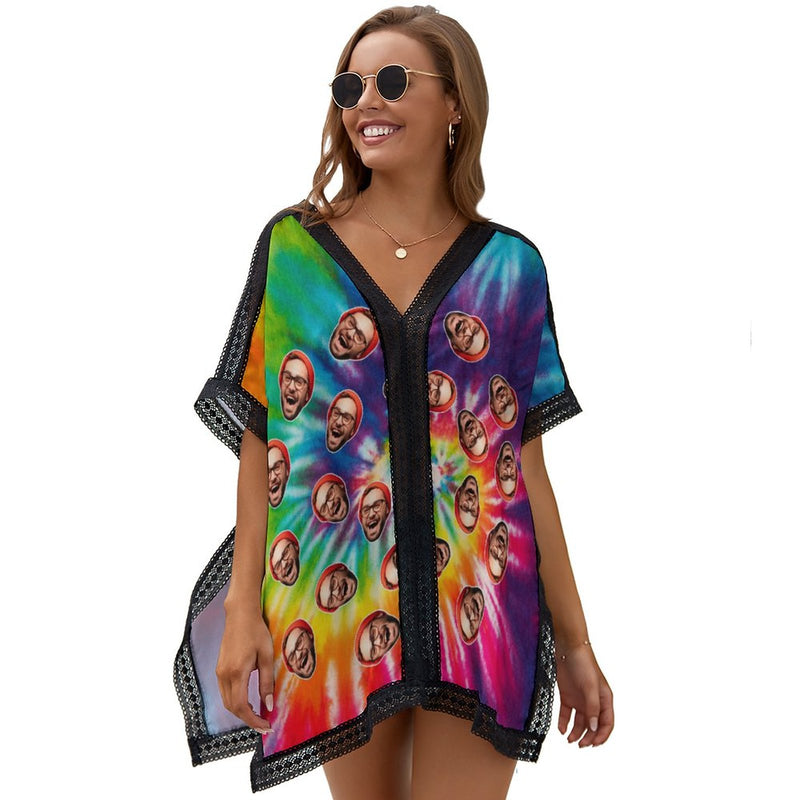 Custom Face Laser Women's Bikini Swimsuit Cover Up Personalized Photo Beachwear Cover Up