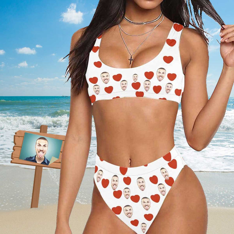 Custom Face Cartoon Heart Personalized Sport Top&High-Waisted Bikini Swimsuit Honeymoons For Her