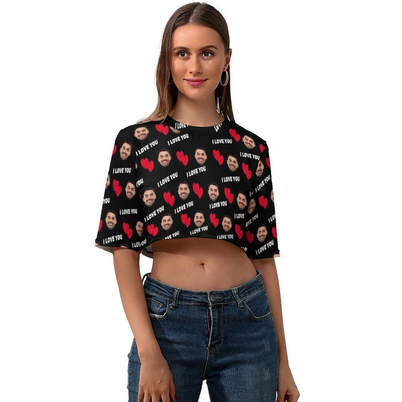 Custom Face Red Love Black Background Short Crop T-shirt