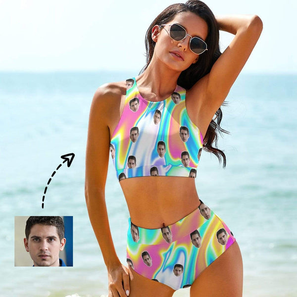 Custom Face Rainbow Personalized Beautiful Printing Bikini Swimsuit High-Neck Top Bikini Set Vacation Pool Party