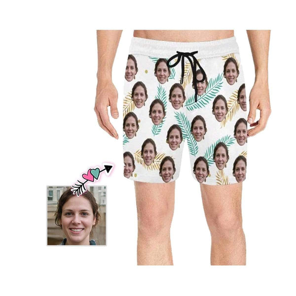 Custom Face Leave Men's Quick Dry Swim Shorts, Personalized Funny Swim Trunks