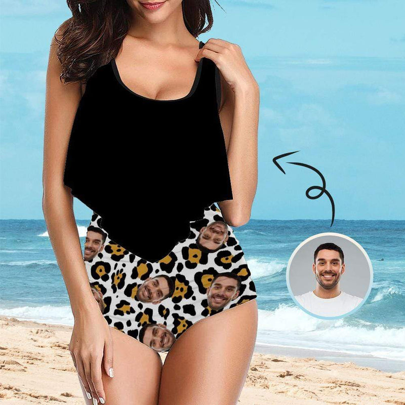 Custom Face White Leopard Personalized Women's High Waisted Swimsuit Bikini Ruffled Top Bathing Suits