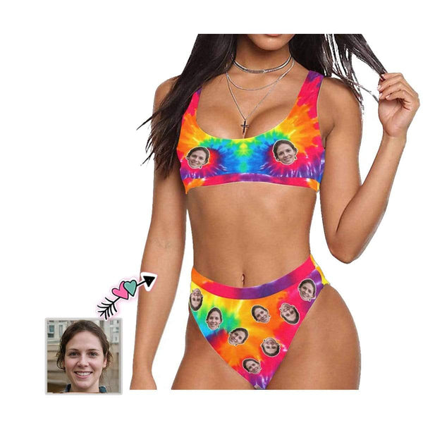 Custom Face Colorful Personalized Bikini Swimsuit Sport Top & High-Waisted Bikini Swimsuit