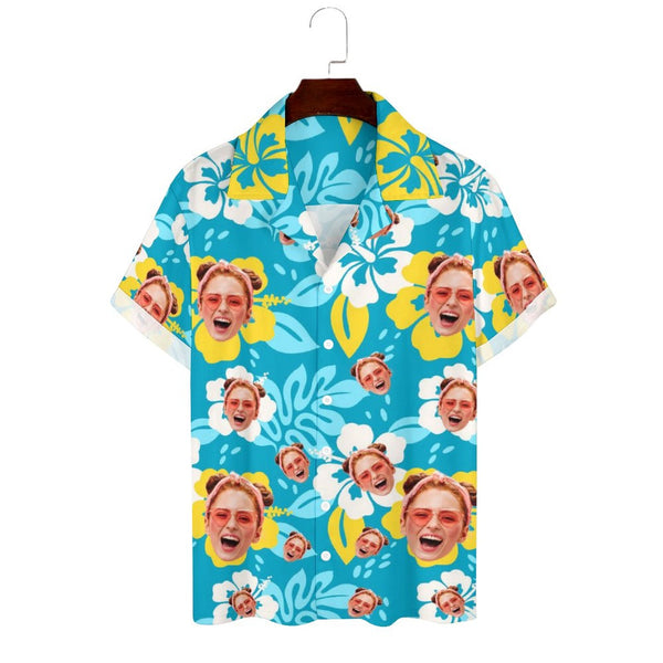 Custom Face Blue Camp Collar Hawaiian Shirt Personalized Men Hawaiian Shirt Photo Tropical Aloha Shirt