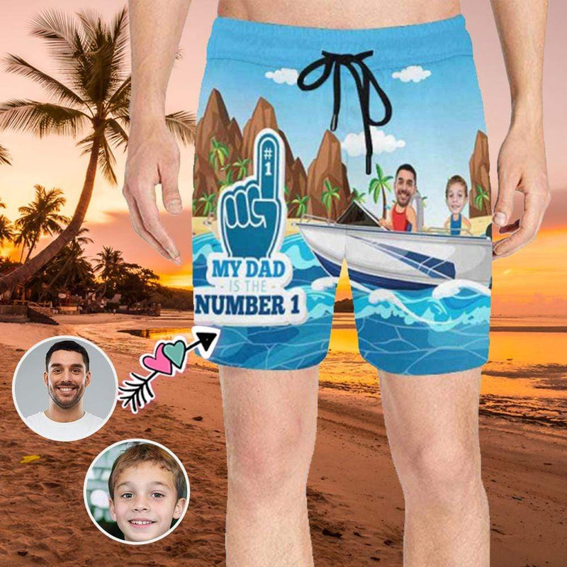 Custom Face My Dad Number One Men's Quick Dry Swim Shorts, Personalized Funny Swim Trunks