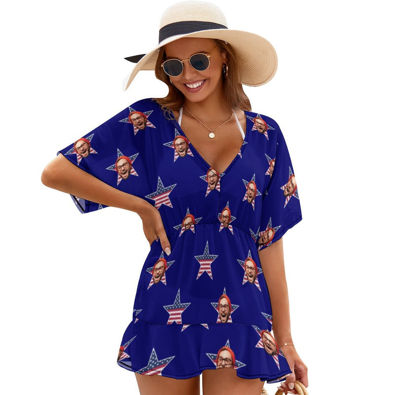 Custom Face Flag Star Blue One Piece Cover Up Dress Personalized Women's Short Sleeve Beachwear Cover up