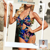 Custom Face Fireworks Women's Backless Bow One Piece Swimsuit