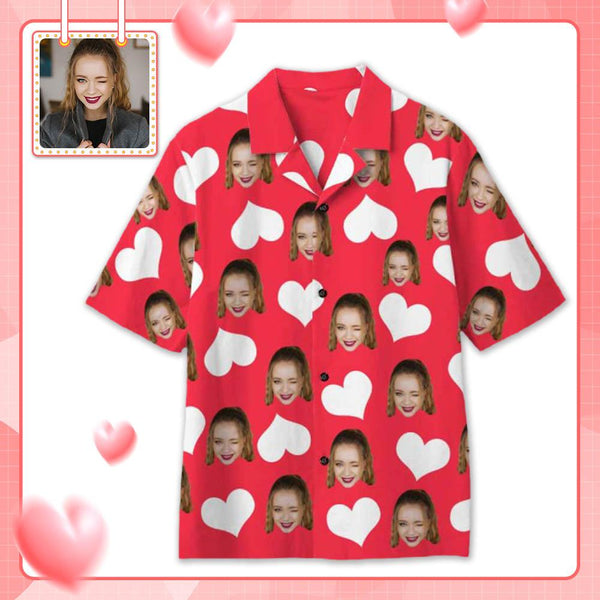 Custom Face Hawaiian Shirt White&Red Heart Custom Aloha Shirts Create Your Own Aloha Shirt Gift