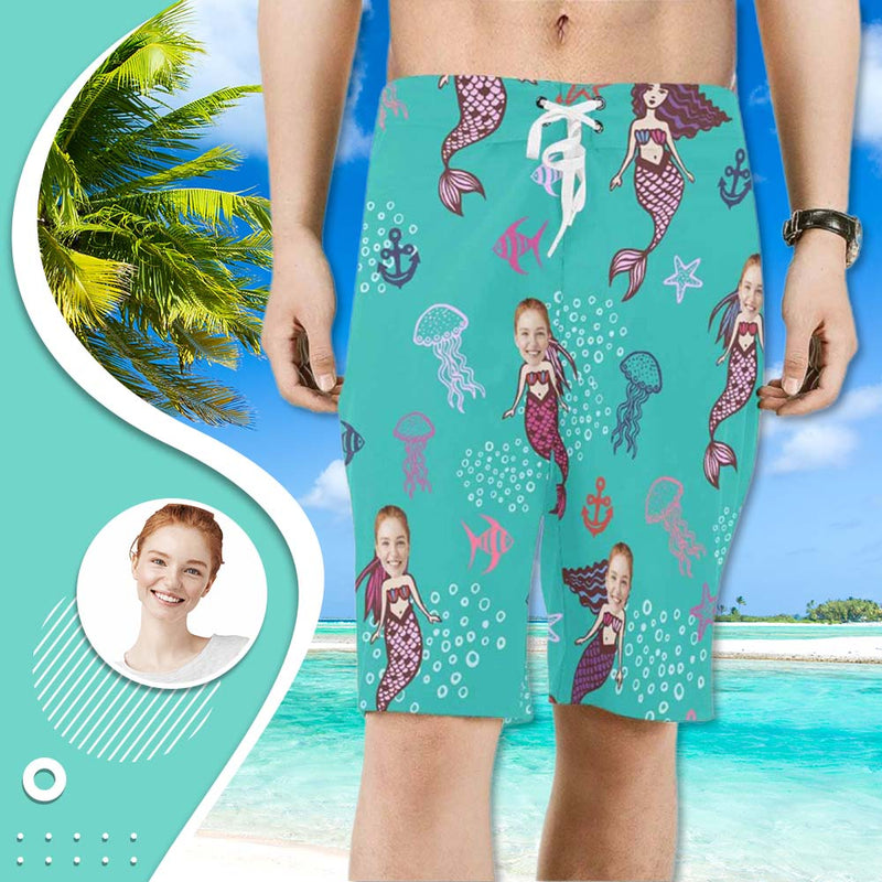 Custom Face Mermaid Personalized Photo Men's Beach Short-Drawstring Short