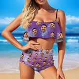 Custom Face Purple Starry Sky Personalized Bikini Swimsuit Beautiful Ruffle Bathing Suits Pool Party