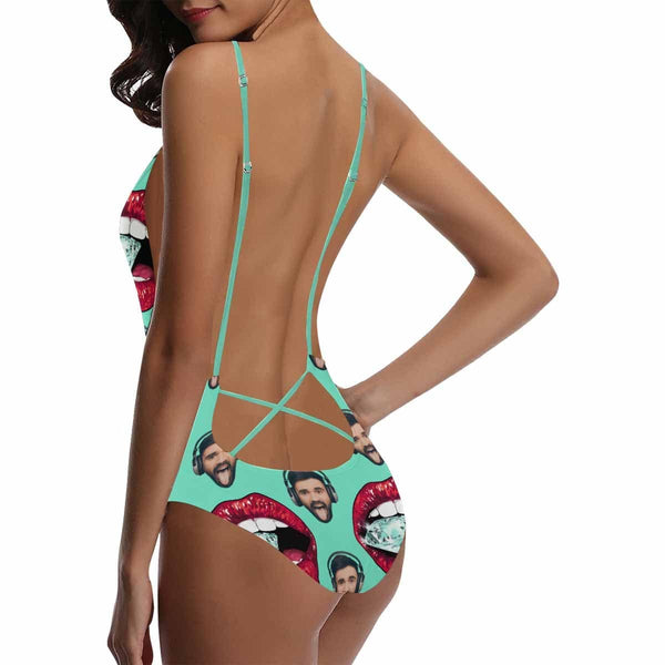 Custom Face Red Lip Women's Lacing Backless One-Piece Swimsuit