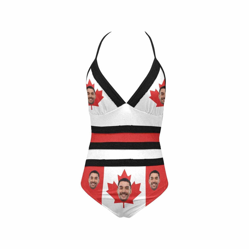 Custom Face Maple Leaf Swimsuit Personalized Women's New Strap One Piece Bathing Suit Celebrate Holiday Party