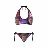 Custom Face Purple Starry Sky Bikini Personalized Women's Strappy Halter Swimsuits