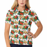 Custom Face Red Flowers Green Leaves Polo Shirt For Women, Personalized Photo Shirt, Customized Women's All Over Print Polo Shirt