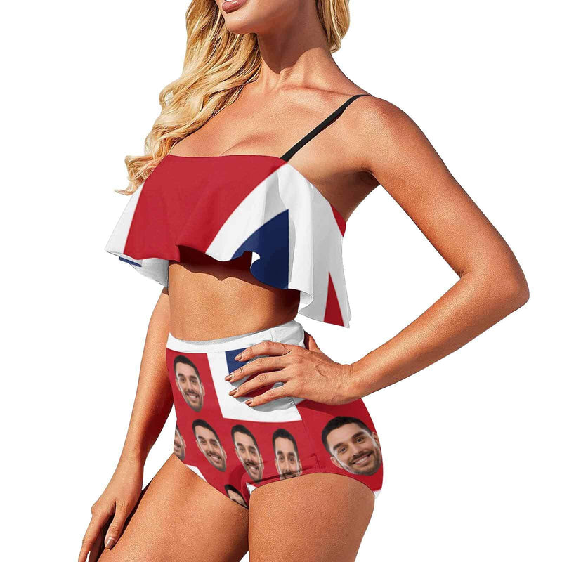 Custom Face Bikini UK Flag Swimsuit Personalized Ruffle Bathing Suits Celebrate Holiday Party