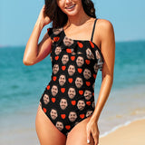 Custom Face Swimsuit Love Heart Black Personalized Women's Shoulder Ruffle One Piece Bathing Suit Honeymoon For Her