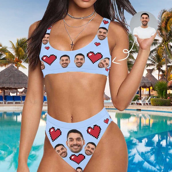 Custom Face Heart Sport Personalized Top&High-Waisted Bikini Swimsuit Honeymoons For Her