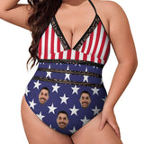 #Plus Size Swimsuit-Custom Face American Flag Swimsuits Personalized Women's New Strap One Piece Bathing Suit Celebrate Holiday