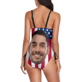 #Bathingsuit-Custom Face American Flag Swimsuit&Swim Shorts Personalized New Drawstring Side One Piece Bathing Suit Celebrate Holiday