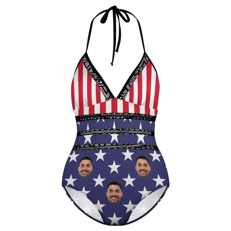 #Plus Size Swimsuit-Custom Face American Flag Swimsuits Personalized Women's New Strap One Piece Bathing Suit Celebrate Holiday