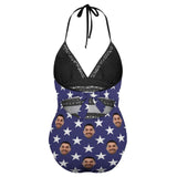 #Plus Size Swimsuit-Custom Face American Flag Swimsuits Personalized Women's New Strap One Piece Bathing Suit Celebrate Holiday