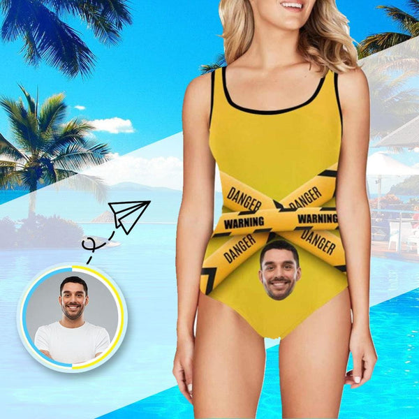 Custom Face Warning Yellow Women's Tank Top Bathing Swimsuit