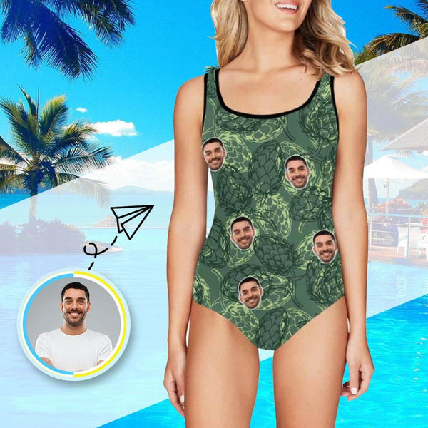 Custom Face Green Pineapple Women's Tank Top Bathing Swimsuit