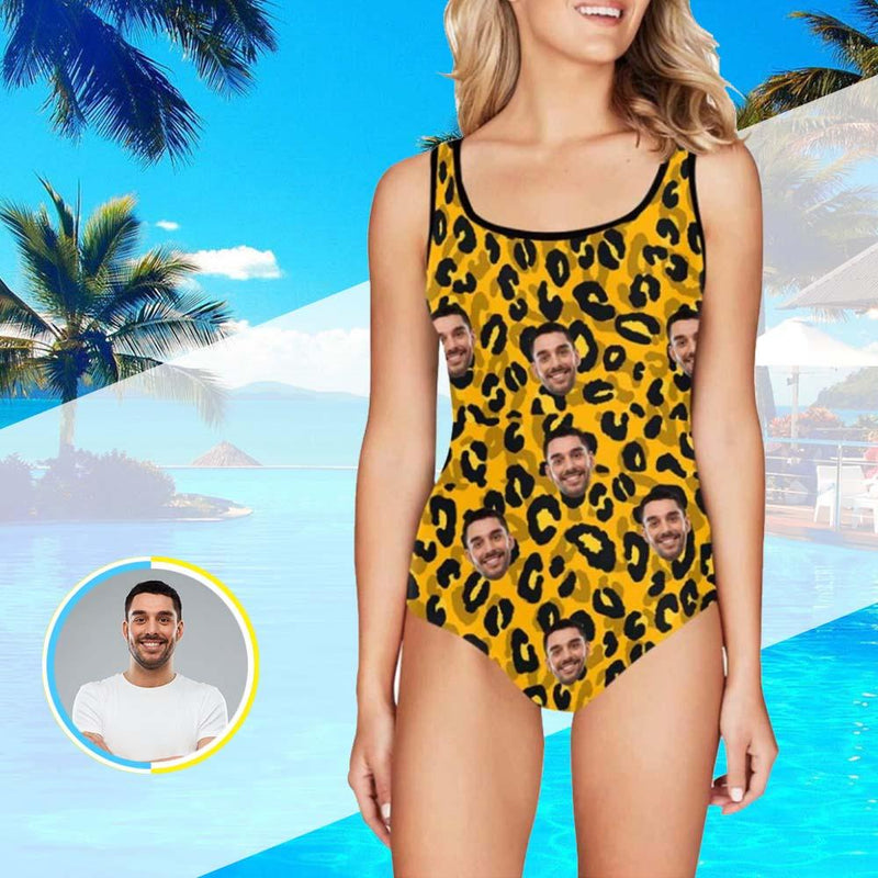 Custom Face Yellow Leopard Pattern Women's Tank Top Bathing Swimsuit