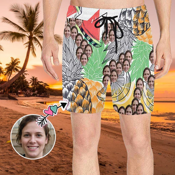 Custom Face Huge Pineapple Men's Quick Dry Swim Shorts, Personalized Funny Swim Trunks