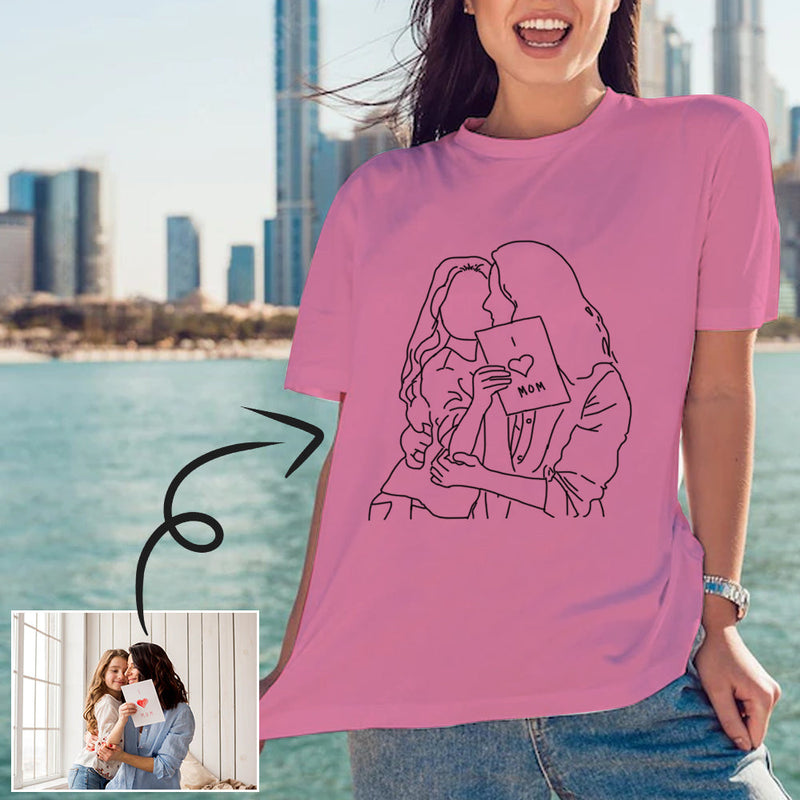 Custom Portrait Outline Shirt, Line Art Photo Shirt For Female, Custom Women's All Over Print T-shirt, Photo Outline Outfit For Mother And Daughter