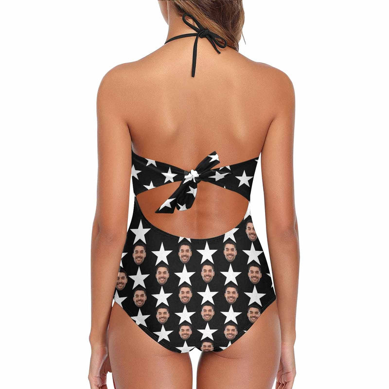 Plus Size Swimsuit-Custom Face USA Flag Black Swimsuits Personalized New Strap One Piece Bathing Suit For Women