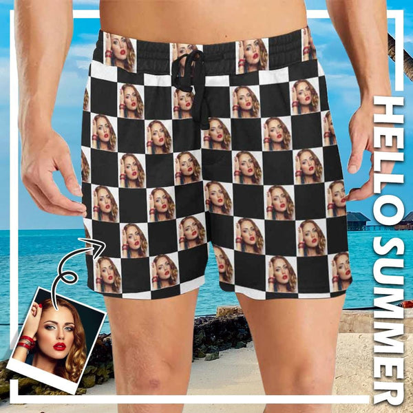 Custom Face Lattice Men's Quick Dry Swim Shorts, Personalized Funny Swim Trunks