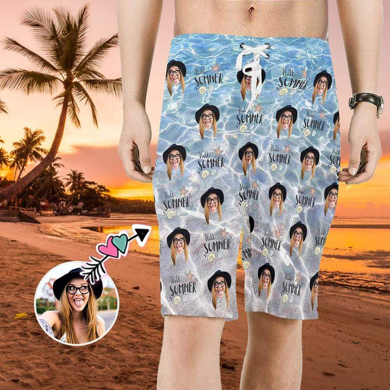 Custom Face Summer Ocean Wave Personalized Photo Men's Beach Short-Drawstring Short