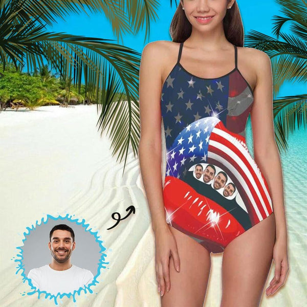 Custom Husband Face American Flag Women's Slip One Piece Swimsuit