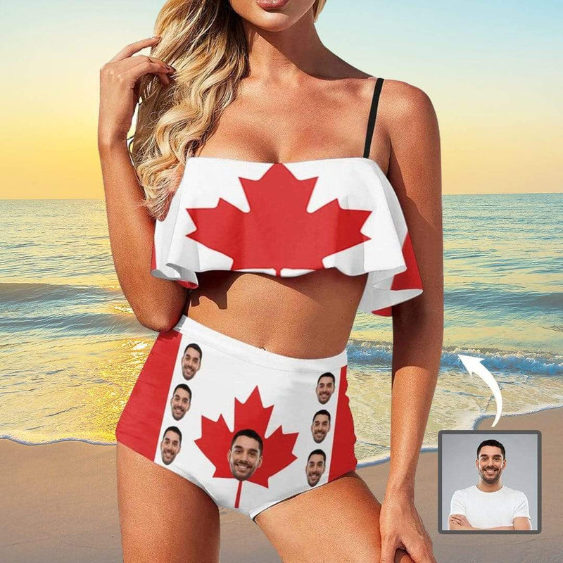 Custom Face Bikini Personalized Canadian Flag Swimsuit Ruffle Bathing Suits