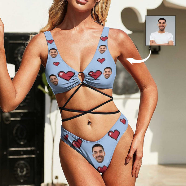 Custom Face Blue Background Red Love Personalized Sexy String Bikini Swimsuit Honeymoons For Her