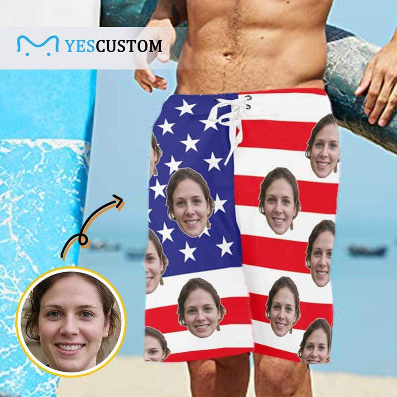 Custom Face Flag White Star Personalized Photo Swim Shorts Men's Beach Short-Drawstring Short