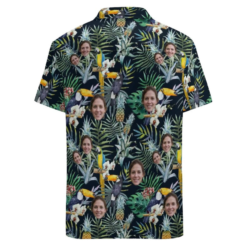 Custom Face Flower Parrot Casual Shirt Men Front Pocket Shortsleeve Beach Pocket Hawaiian Shirt Personalized Design Boyfriend Gift For Him