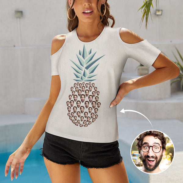 Custom Face Pineapple Women's T-Shirt Personalized Off-Shoulder U-Neck Short-Sleeved Top