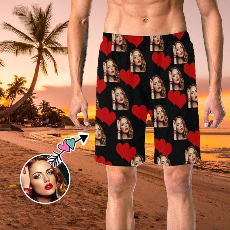 Custom Girlfriend Face Heart Personalized Photo Men's Elastic Beach Short