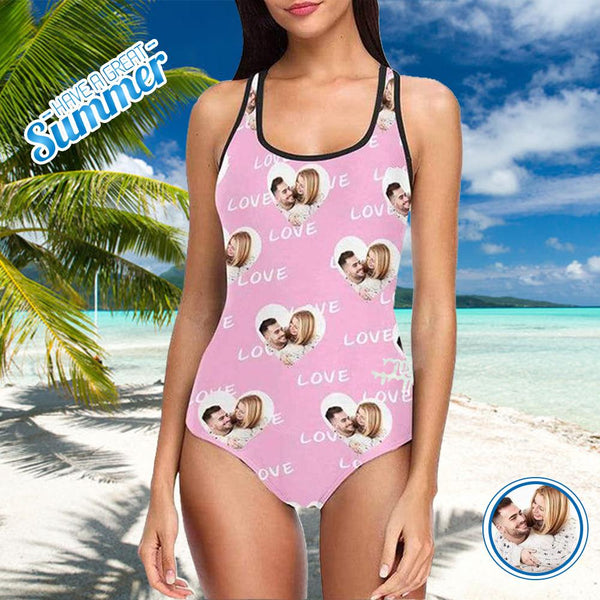 Custom Photo Couple Pink Heart Women's Tank Top Bathing Swimsuit