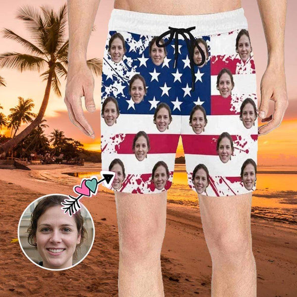 Custom Face Flag Men's Quick Dry Swim Shorts, Personalized Funny Swim Trunks