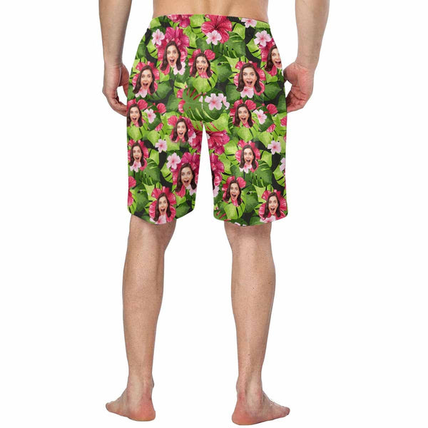 Custom Face Flowers&Leaves Personalized Photo Men's Elastic Beach Short