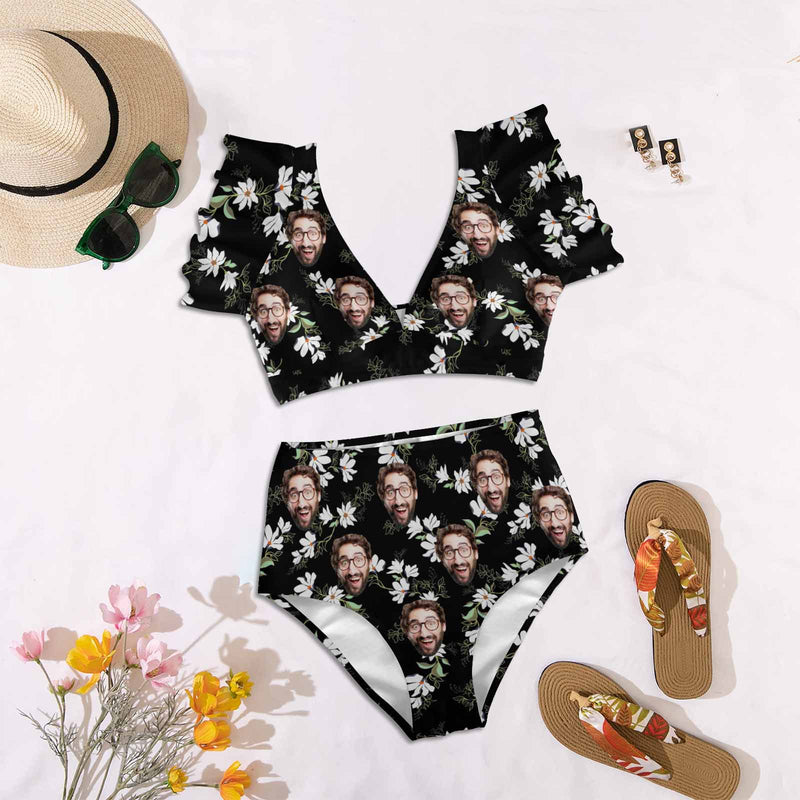 Custom Face Women Ruffle High Waisted Flounce Black and White Flower Bikini Set Two Pieces Swimsuit Swimwear