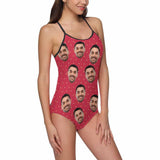 Custom Pink Dot Face Swimsuit Personalized Women's Slip One Piece Bathing Suit Honeymoons Party