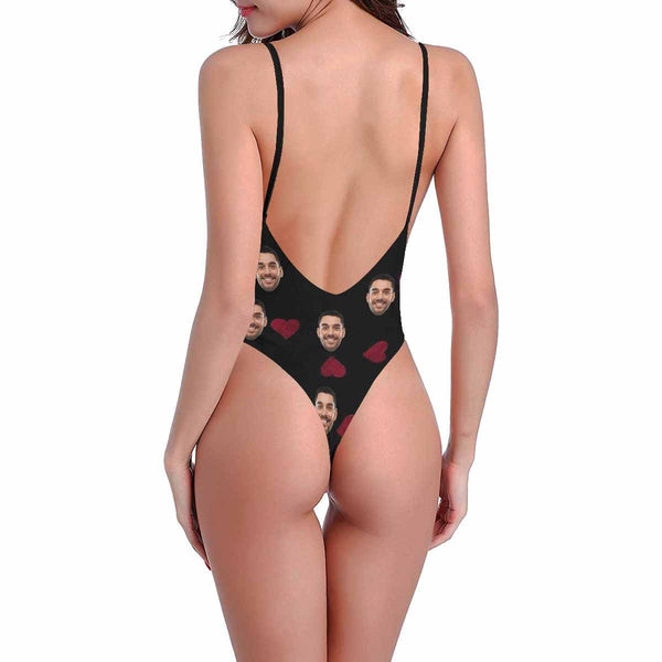 Custom Face Love Heart Black Women's Halter Straps Backless Swimsuit